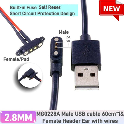 Magnetic Pogo Pin Connector - 2–5 Pin Spring-Loaded Male/Female Power Socket, 2.54/2.8mm Spacing, USB Cable Compatible