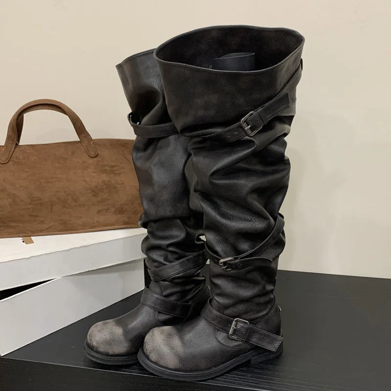 Eilyken Women’s Over-the-Knee Boots – Round Toe Punk Style with Pleated Buckle Strap, Low Square Heels for Autumn Winter