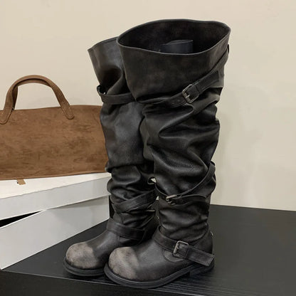 Eilyken Women’s Over-the-Knee Boots – Round Toe Punk Style with Pleated Buckle Strap, Low Square Heels for Autumn Winter