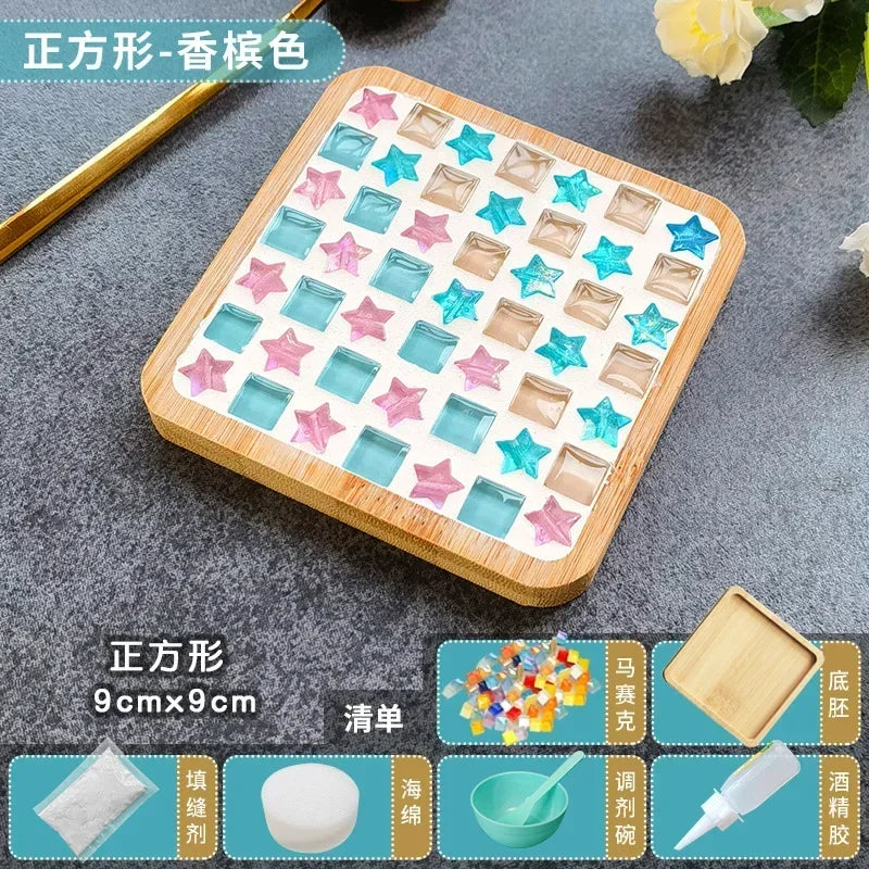 DIY Handmade Mosaic Coaster Set – Bamboo Heart & Square Cup Mats, Creative Parent-Child Educational Craft Toy Kit for Free Design Activities