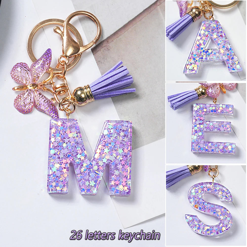 A-Z Initial Letter Sequin Keychain - Purple Butterfly Tassel Resin Keyring Backpack Charm Gift