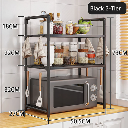 Extra Wide 2-Tier Microwave Stand — Heavy-Duty Kitchen Shelf with Handrail Hooks, Non-Slip Rack for Oven, Toaster & Spices