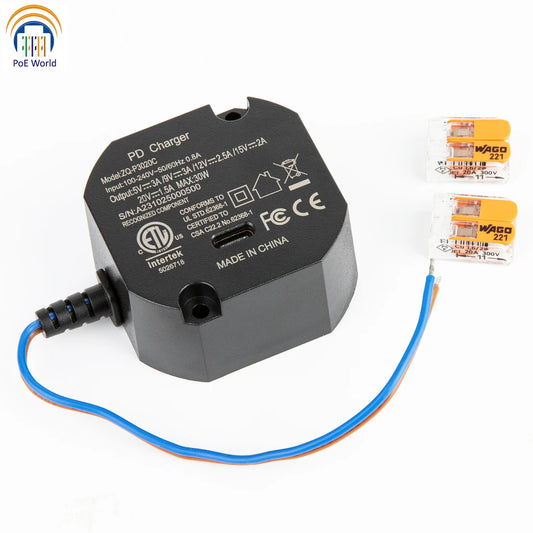 Flush Wall-Mounted USB-C Charger 30W – 240V AC to Multi-Voltage Type-C Power Adapter (5V/9V/12V/15V/20V) for iPad & Tablets