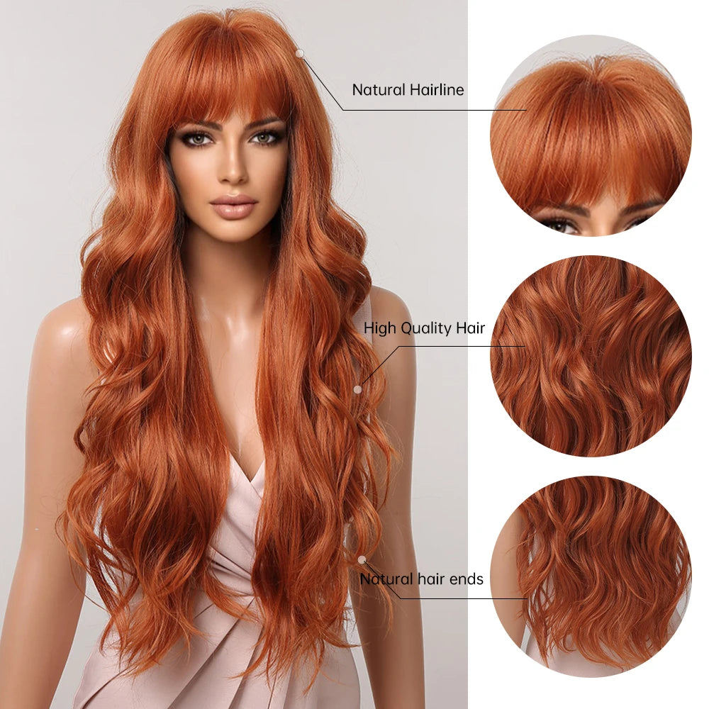 Orange Copper Ginger Long Wavy Synthetic Wig – Red & Yellow Wig with Bangs, Cosplay Body Wave, Heat-Resistant Hair for Women