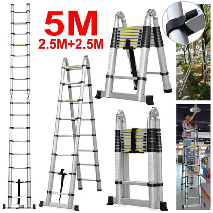 16.5FT (5M) Telescopic Aluminium Ladder – Extendable Folding Ladder with Non-Slip Steps, 150kg Load Capacity