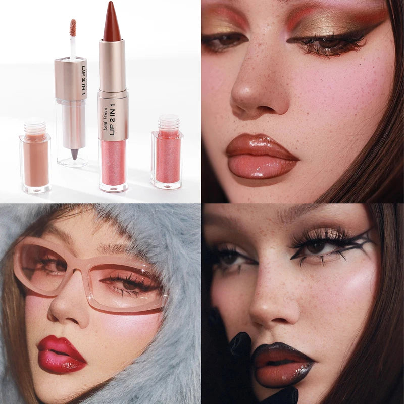 Double-Ended Lip Liner and Gloss Set - Tapered Lip Contour Pencil with Mirror, Plumping Crystal Lip Glaze, and Red Lip Tint