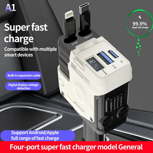 120W Car Charger | 4-in-1 Retractable Cigarette Lighter Adapter with USB Type-C Fast Charging Cable for iPhone & Android