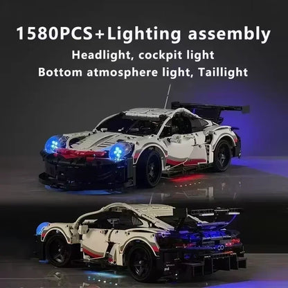 911RSR 1580PCS RC Racing Car Building Set – Technical Model with LED Lights, MOC Bricks Adult Toy Gift