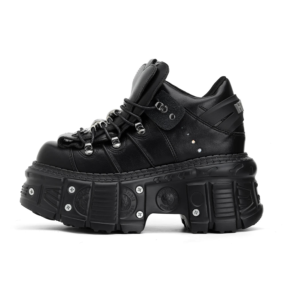 New Punk Style Lace-up Women’s Platform Boots with 6CM Heel, Gothic Rock Ankle Boots, Metal Decor Sneakers