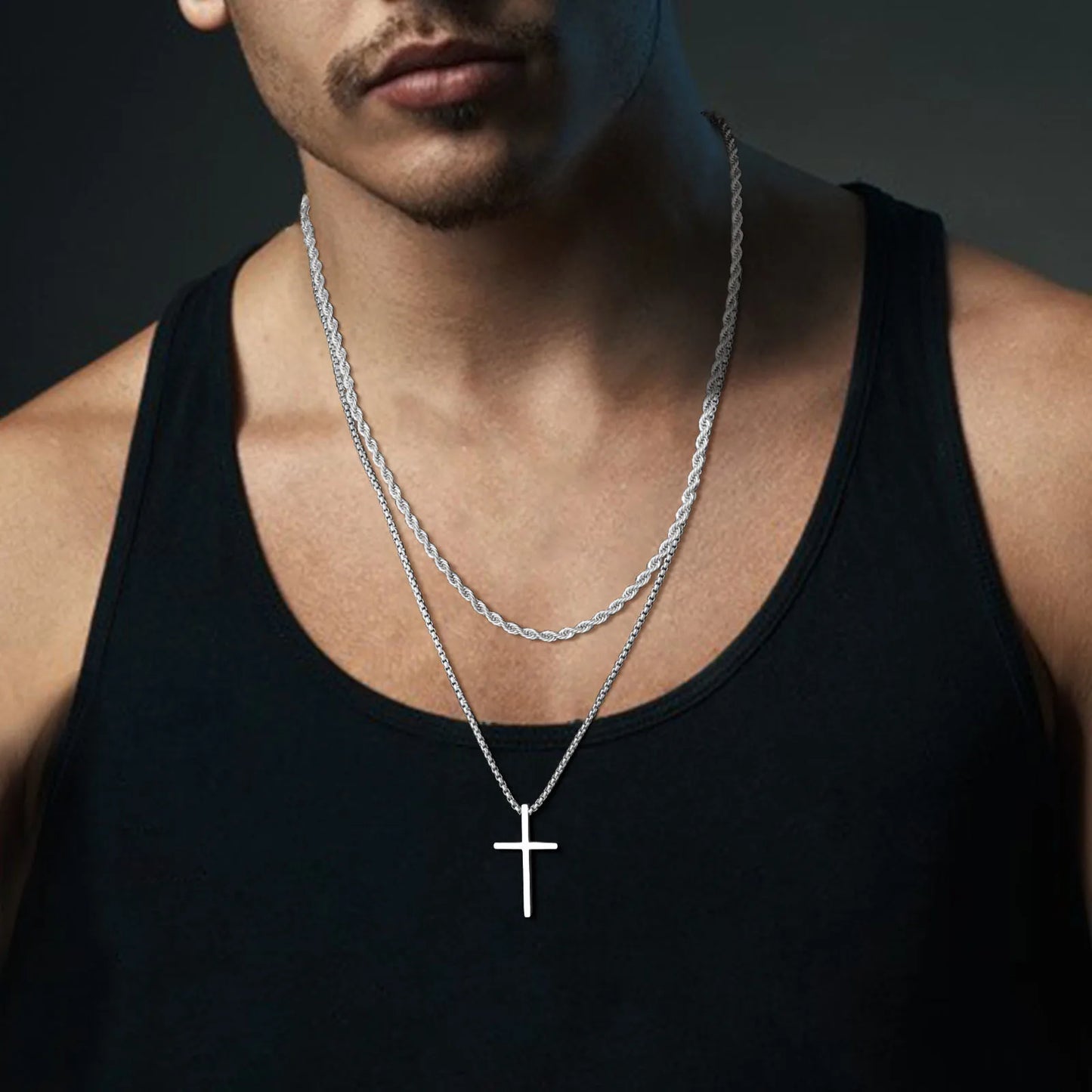 Vnox Men's Cross Necklace - Stainless Steel Layered Plain Cross Pendant with Rope Box Chain, Simple Prayer Jesus Collar