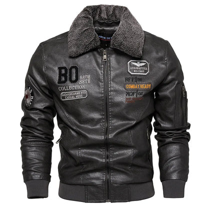 Men's Slim Fit Leather Bomber Jacket - Fur Collar Warm Flight Pilot Coat Black Outerwear