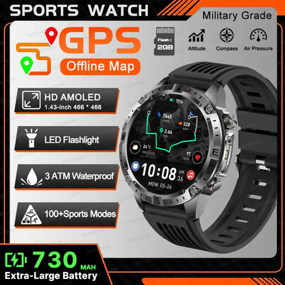 All-Terrain GPS Sports Smartwatch - Offline Maps, Altimeter, Barometer, Compass, 3ATM Waterproof & 730mAh Battery