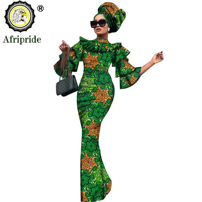 African Bazin Riche 2-Piece Dress Set - Plus Size Bodycon Dress with Headwrap for Women
