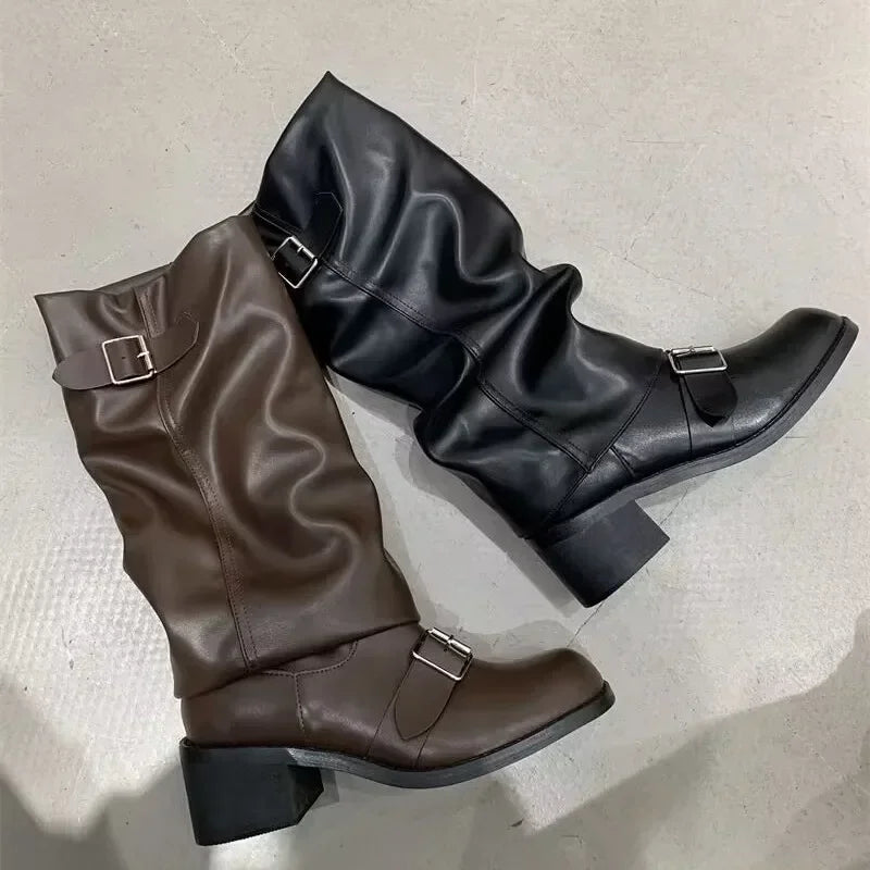 Women’s Knee-High Boots – Platform Chunky Heel Punk Gothic New Rock Leather Motorcycle Footwear Q221
