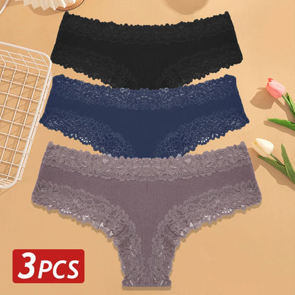 3PCS Women’s Cotton Lace Panties Set - Low Waist Brazilian Bikini Underwear Soft Floral Lingerie T-Back Style