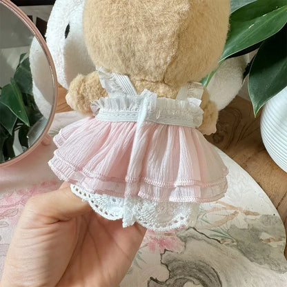 17cm Mini Plush Doll Clothes — Kpop Labubu Idol Outfit with Pink Silk Bow & Princess Gauze Skirt Accessories