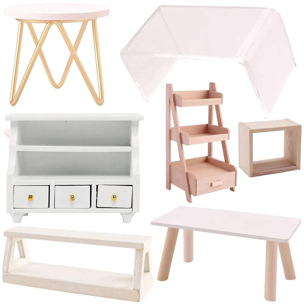 1:12 Scale Dollhouse Furniture - Miniature Teatable, Wood Stool, Flower Rack - Dolls Accessories & Photography Props