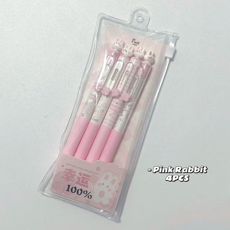 4-Piece Rabbit Gel Pen Set - 0.5mm Quick-Dry Black Ink Pens with Transparent Storage Bag for School and Office Supplies