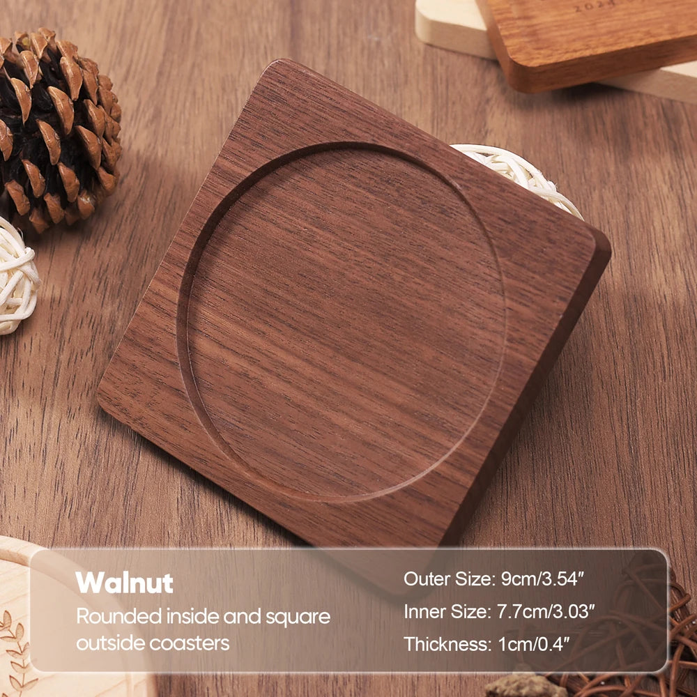 Solid Walnut & Beech Wood Coaster — Durable Heat-Resistant Round & Square Cup Mat, 8.8cm Tea & Coffee Placemat