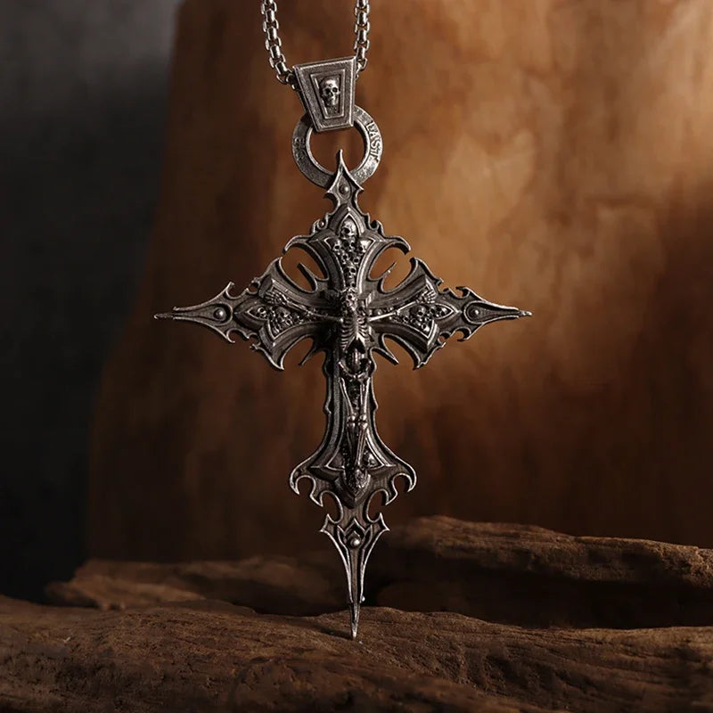 Gothic Skull Jesus Cross Necklace – Punk Catholic Amulet Jewelry for Men, Religious Pendant