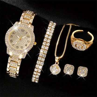 6PCS Women's Elegant Crystal Watch Set – Luxury Alloy Quartz Wristwatches with Rhinestone Bracelet, Perfect Gift for Ladies