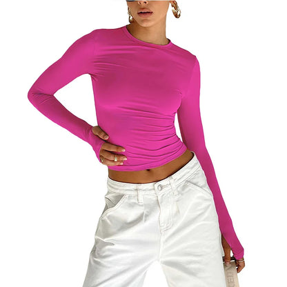 Women’s Long Sleeve Slim Fit Crop Top T-Shirt – Crew Neck Solid Color Thumb Hole Streetwear Summer Camisole Top