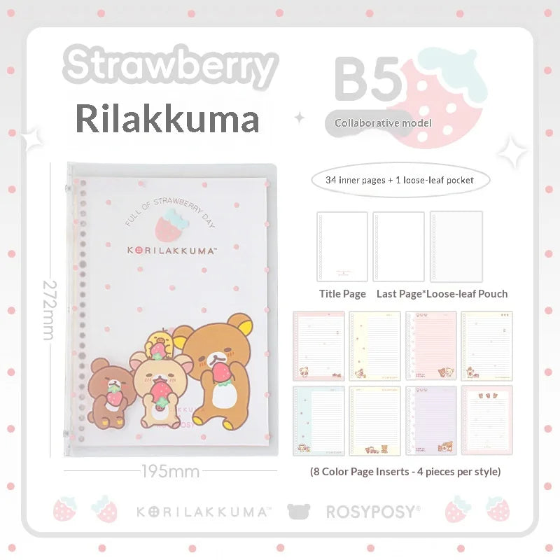 Rosyposy Korilakkuma Strawberry B5 Notebook - Cute Soft-Cover Loose-Leaf Journal for Study, Writing and Note-Taking