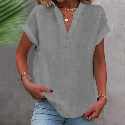 Women’s Summer Cotton Linen V-Neck Button Down Shirt – Breathable Casual Office Top in Solid Colors