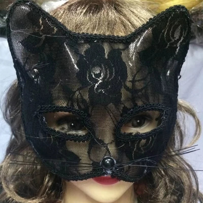 Women's Cat Face Lace Mask - Elegant Animal Masquerade Mask for Halloween Cosplay & Parties