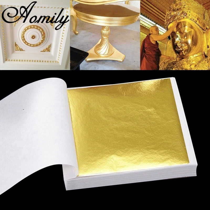 Aomily 100 Sheets 9x9cm Pure Gold Leaf Sheets – Shiny Gilding Foil for Furniture, Wall Decor & Handicraft Decoration Crafts