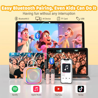 Haomuren Mini Karaoke Machine for Kids – Portable Bluetooth Speaker with 2 Mics, All-in-One Home Party Toy & Gift for Girls