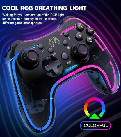 Controller 7039 for Nintendo Switch – Transparent Gamepad with RGB Lights, Turbo, Wake-Up, Multi-Platform & App Support