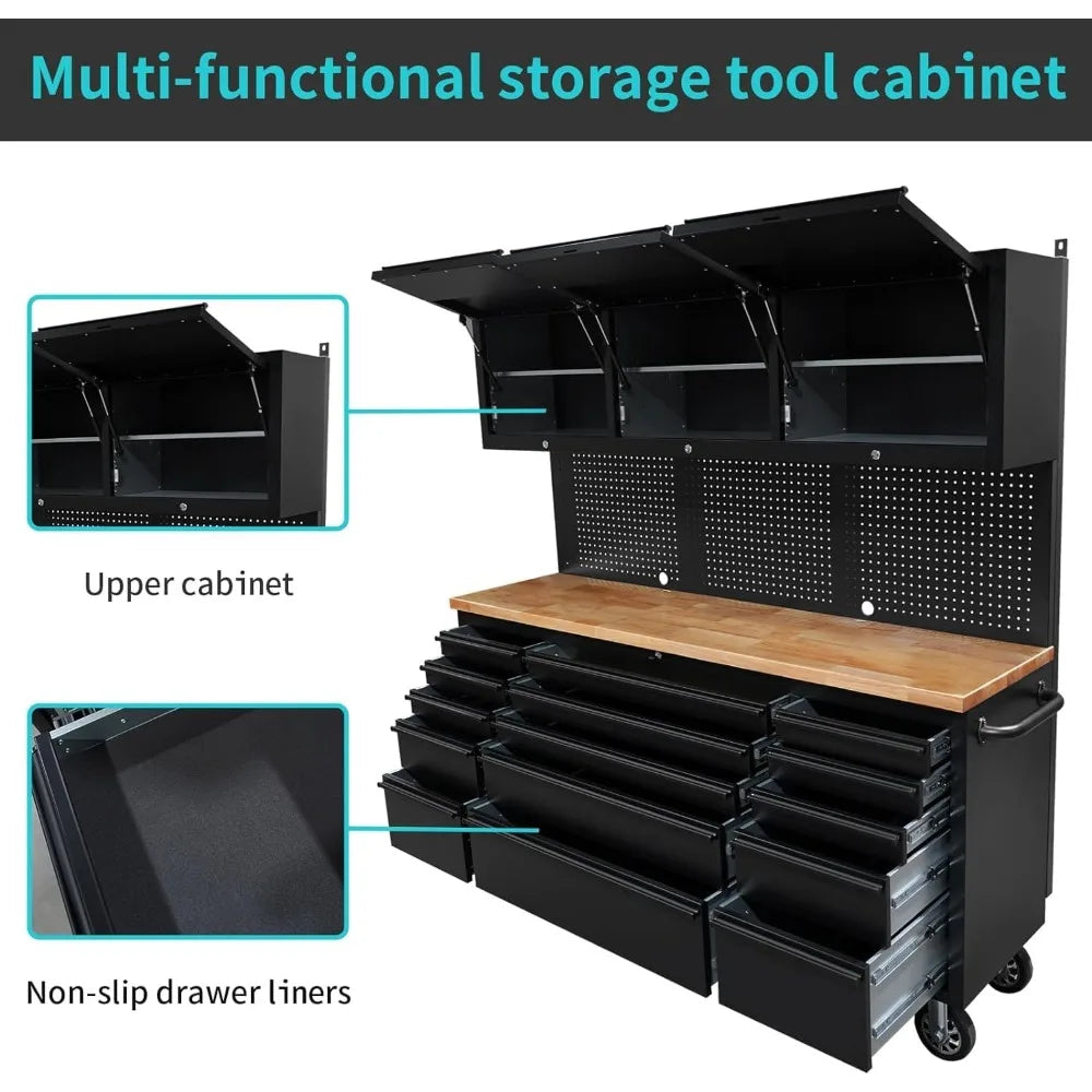 72-Inch Tool Chest Tool Box with 15 Drawers & 3 Upper Cabinets - Mobile Rolling Cabinet with Wheels, SS Pegboard, Locking Key Storage