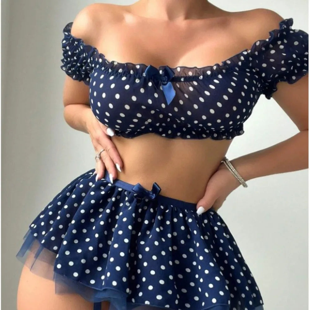 Women’s Polka Dot Tutu Lingerie Set — Sexy Off-the-Shoulder Two-Piece Fashionable Sleepwear