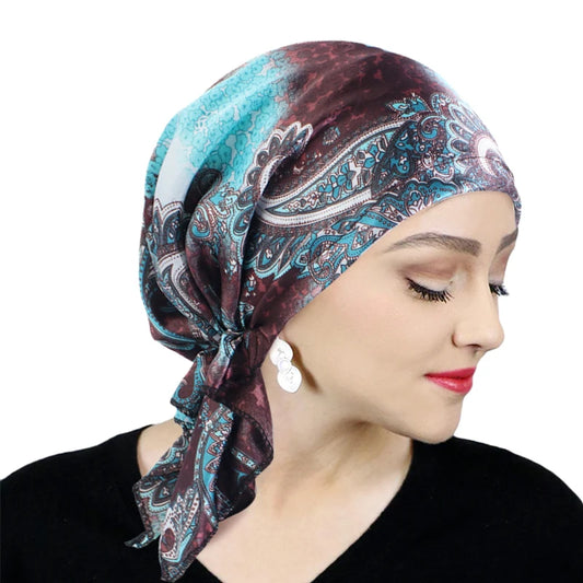 Women’s Satin Pre-Tied Turban – Paisley Pattern Muslim Headband & Chemo Hair Scarf Head Wrap Bandana