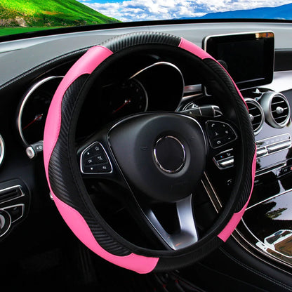 PU Carbon Fiber Leather Steering Wheel Cover — No Inner Ring, Fits 14.5-15 Inch Cars