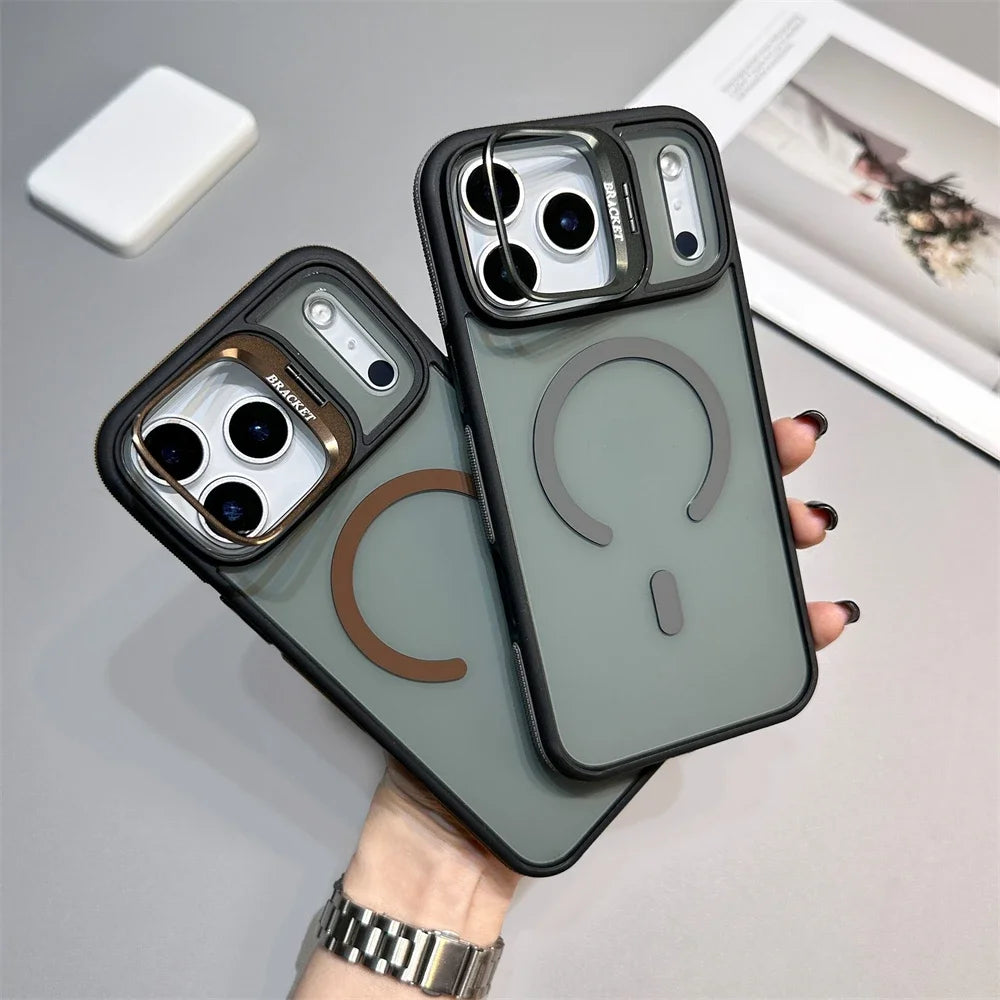 Luxury Matte Transparent MagSafe Kickstand Case — Magnetic Stand Cover for iPhone 11–17 Air, Plus, Pro Max