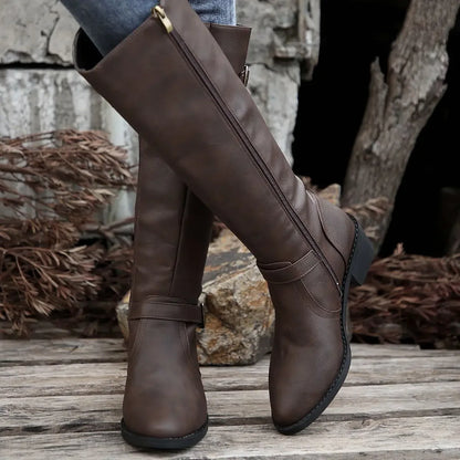 Women’s Winter High-Top Knight Boots – Side Zipper & Belt Buckle, Pointed Toe, PU Material with Cotton Lining