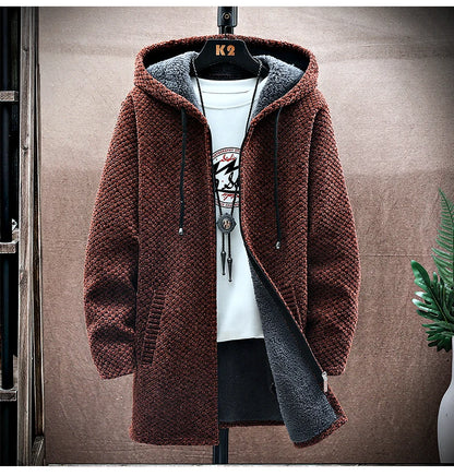 Men's Cashmere Hooded Cardigan Coat – Warm Fleece Long Sweater Jacket for Autumn Winter