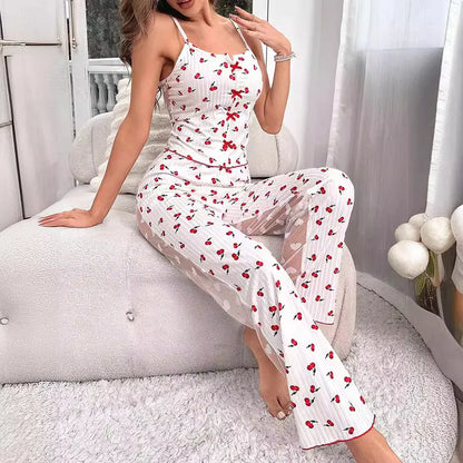 Heart Print Pajama Set - Women's Ribbed Cami Top & Long Lounge Pants