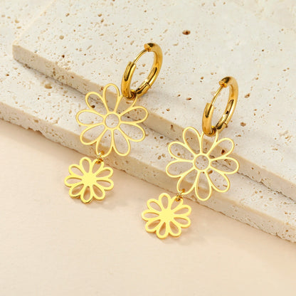 Nine Petal Flower Hoop Earrings - Stainless Steel Bohemian Hollow Pendant Jewelry Gift for Women