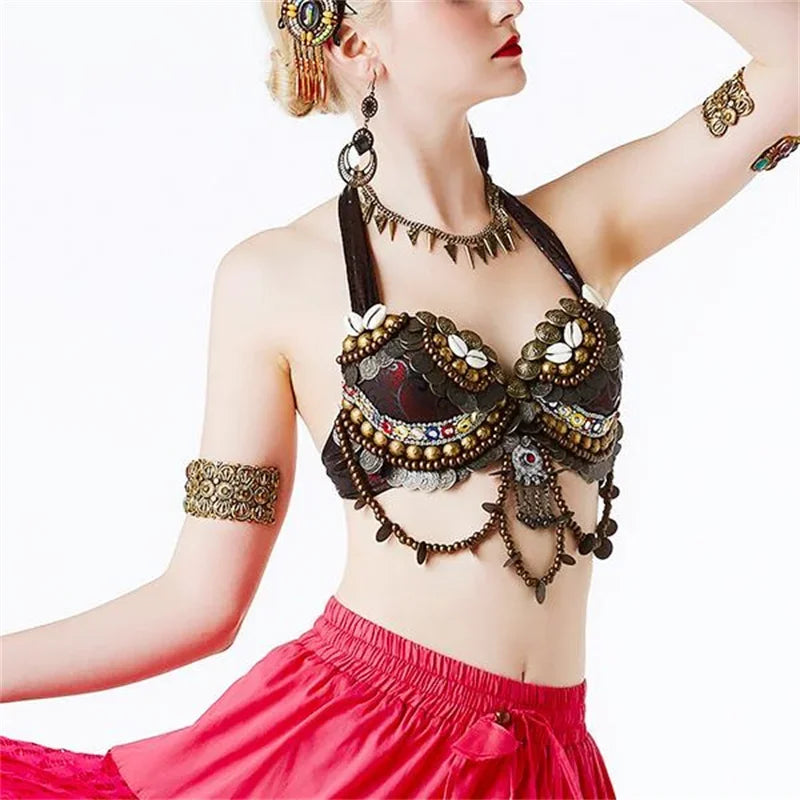 Women’s Hand-Beaded Adjustable Tribal Bra – Belly Dance & Gypsy Performance Costume