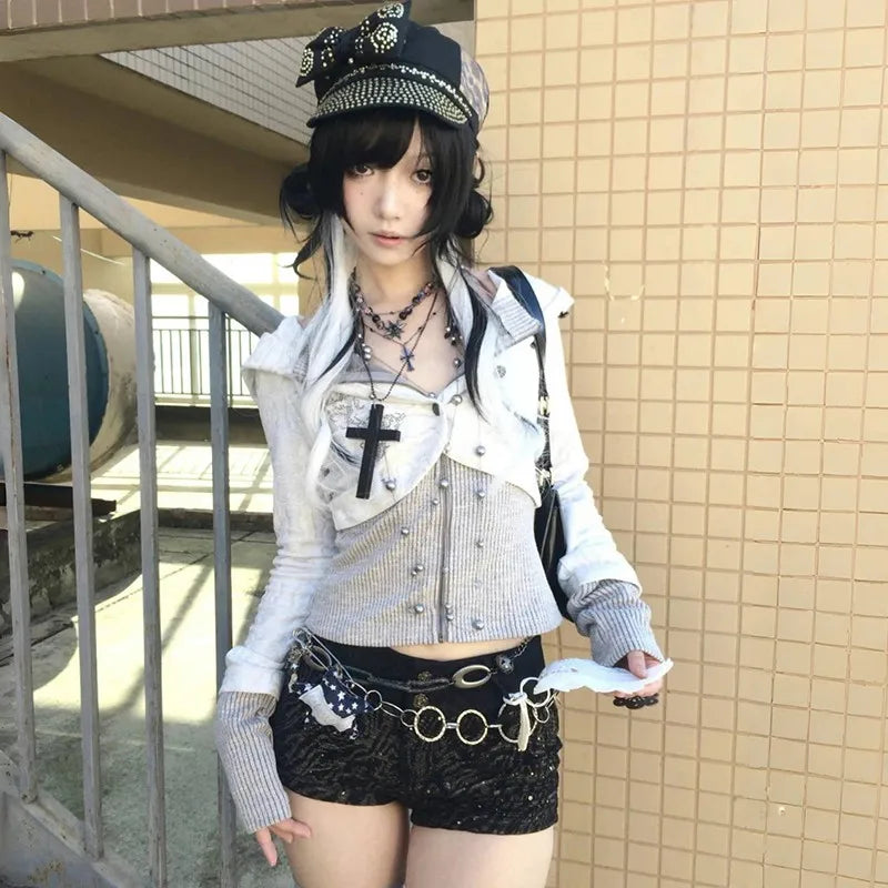Y2K Fake Two-Piece Knitted Hooded Jacket, Vintage Harajuku Grunge Aesthetic 2000s Streetwear Top for Men & Women