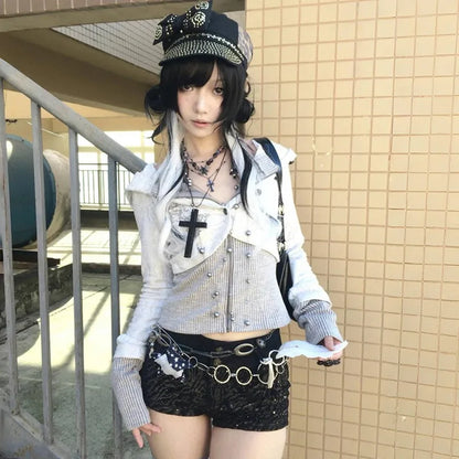 Y2K Fake Two-Piece Knitted Hooded Jacket, Vintage Harajuku Grunge Aesthetic 2000s Streetwear Top for Men & Women