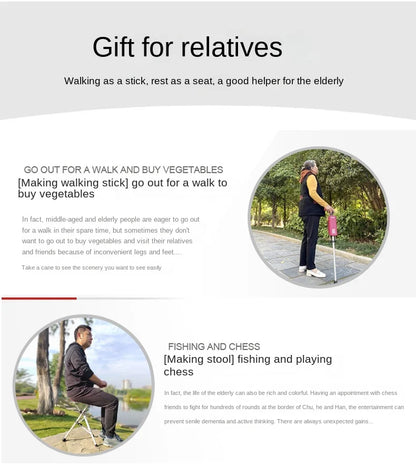 Multi-Functional Non-Slip Walking Stick with Seat – One-Key Foldable Crutch Chair, Triangular Bracing Elderly Hiking Pole Walker