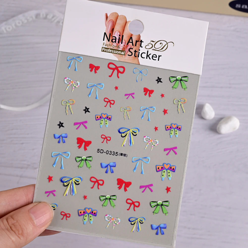 5D Pink & White Bowknot Nail Stickers – Self-Adhesive Kawaii Ribbon Nail Art Decals for DIY Manicure & Nail Decoration