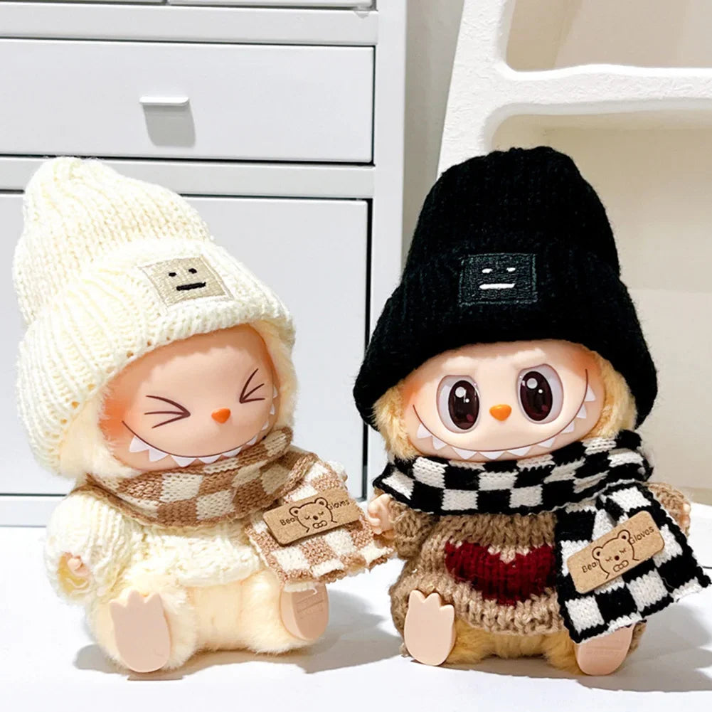 17cm Labubu V1/V2 Doll Outfit – Color Match Hoodie & Plaid Overalls Set | Fashion Doll Clothes & Accessories