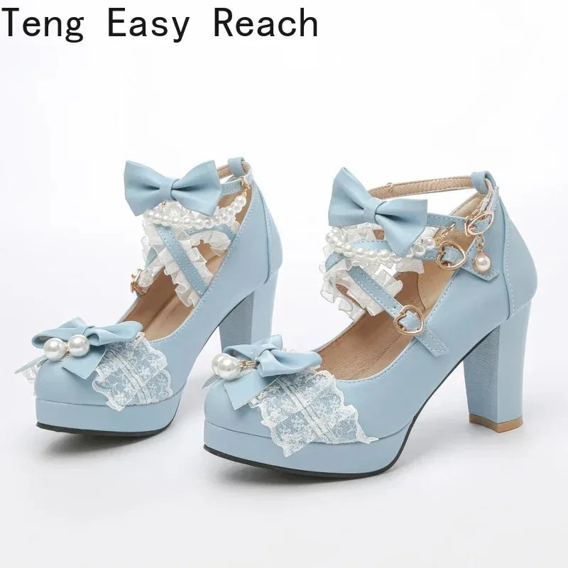 Women’s Cross Strap Mary Jane High Heels – Party, Wedding, Cosplay Lolita Pumps in White, Pink, Black, Strawberry Bow 2025