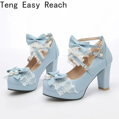Women’s Cross Strap Mary Jane High Heels – Party, Wedding, Cosplay Lolita Pumps in White, Pink, Black, Strawberry Bow 2025