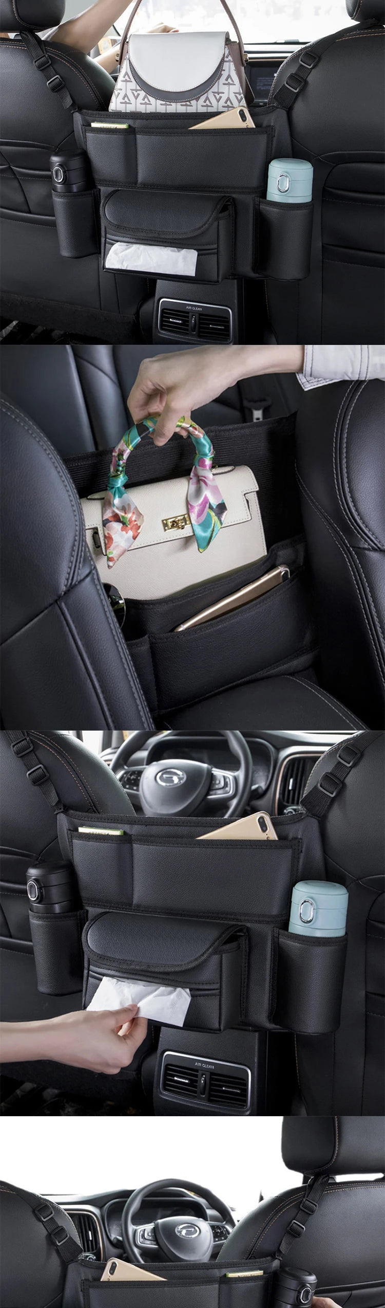 Car Seat Middle Hanger Leather Storage Bag – Multifunction Hanging Organizer with Handbag Holder, Water Cup & Tissue Pockets